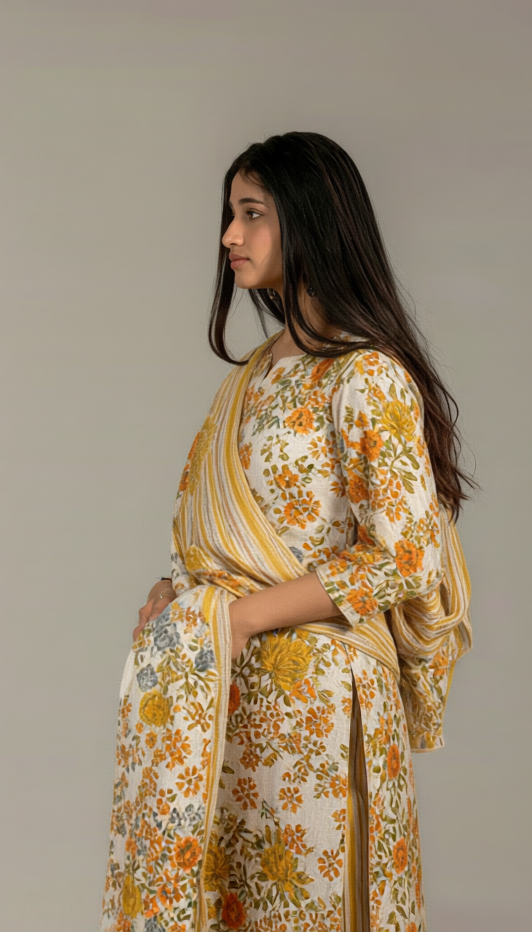 Tara yellow and White Kurta set with dupatta