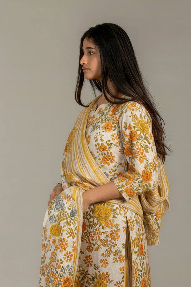 Tara yellow and White Kurta set with dupatta