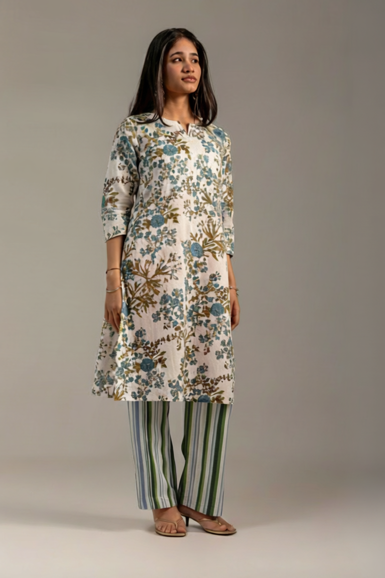 Tara Grey and White Kurta set with dupatta
