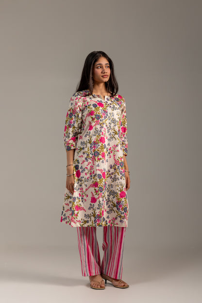 Tara Pink and White Kurta set with dupatta