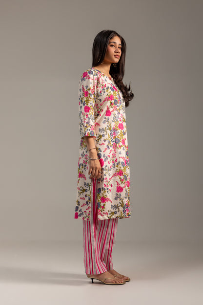 Tara Pink and White Kurta set with dupatta