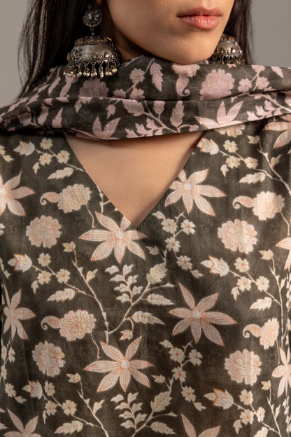 Gulbahar Grey and Pink Kurta Set with Dupatta