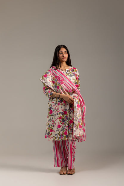 Tara Pink and White Kurta set with dupatta