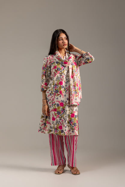 Tara Pink and White Kurta set with dupatta