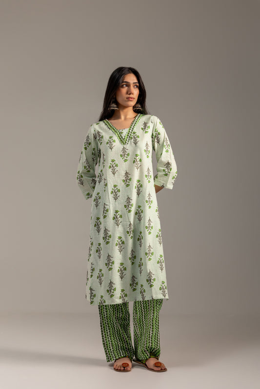 Utsav Green and White Suit set with dupatta