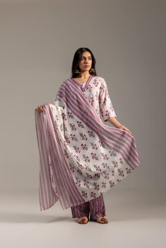 Utsav Purple and White Kurta Set with Dupatta