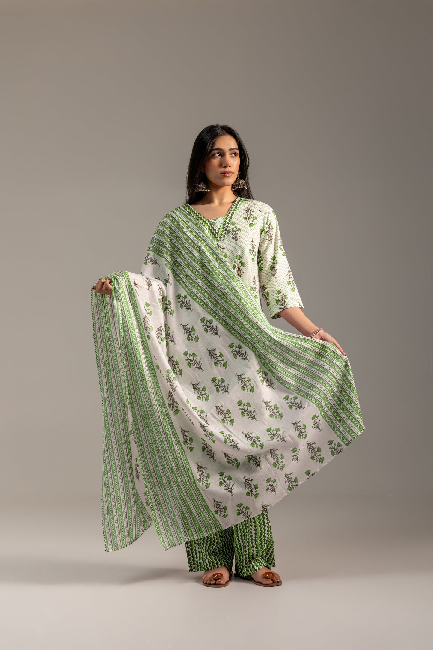 Utsav Green and White Suit set with dupatta