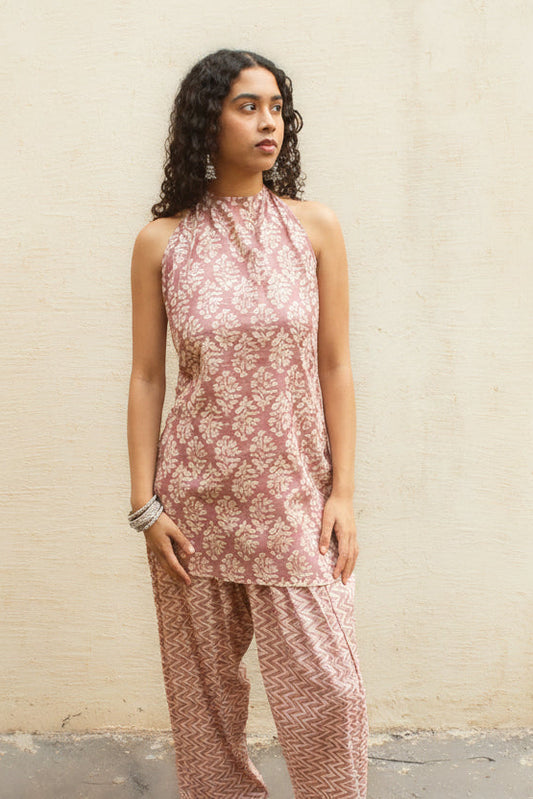Verandah Halter Kurta with Farshi- Beige