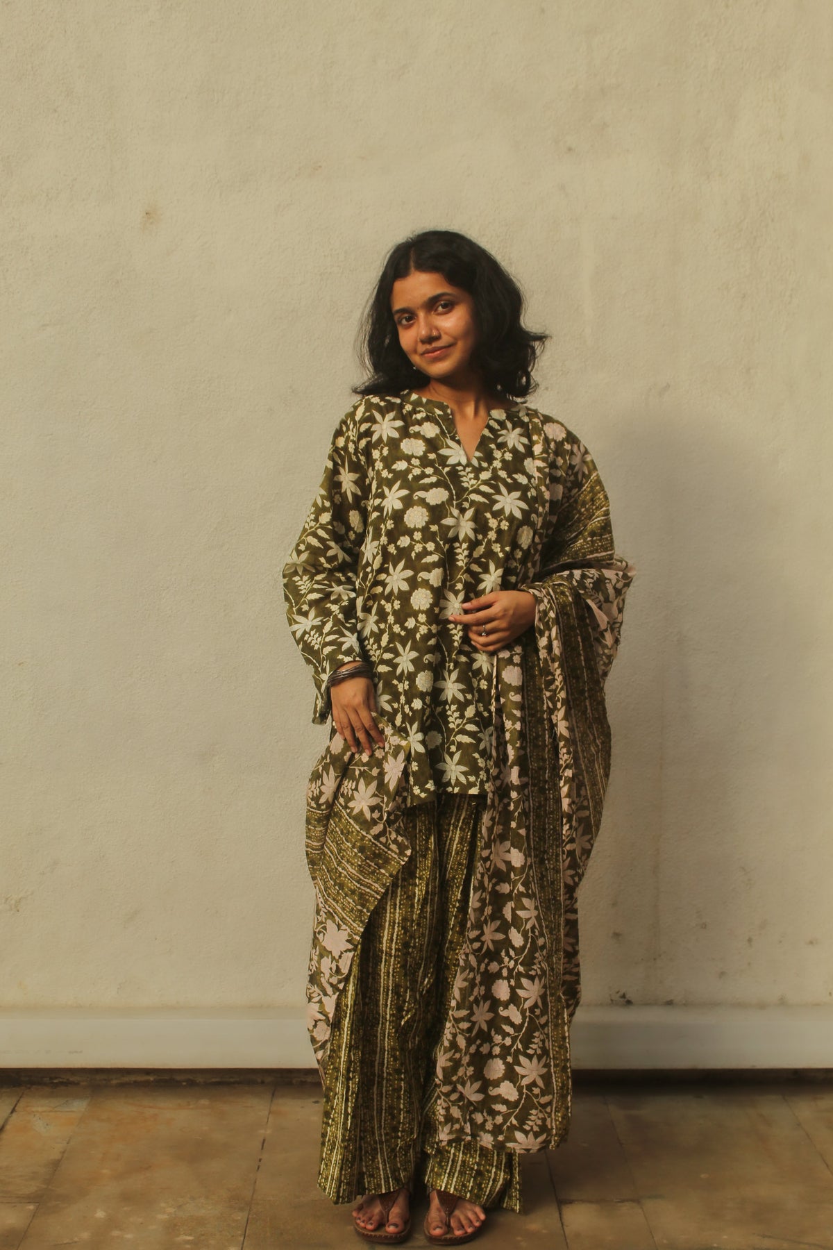 Gulbahar Farshi Salwar Set with Dupatta - Olive Green