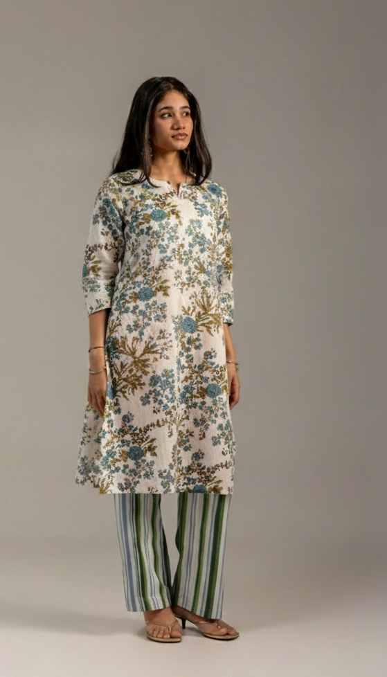Tara Grey and White Kurta set with dupatta