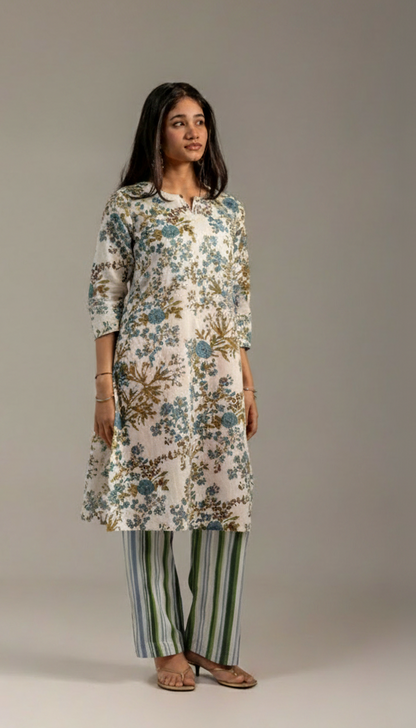Tara Grey and White Kurta set with dupatta