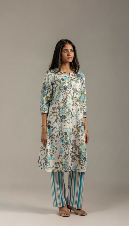 Tara Blue and White Kurta set with dupatta