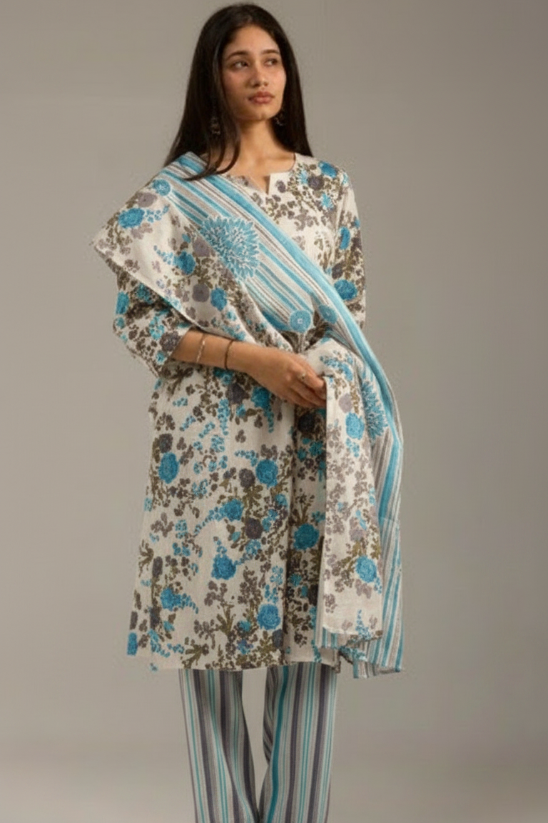 Tara Blue and White Kurta set with dupatta