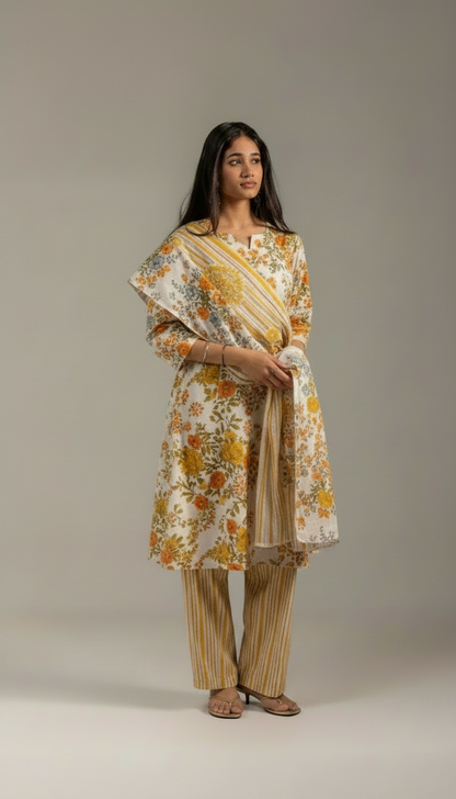 Tara yellow and White Kurta set with dupatta