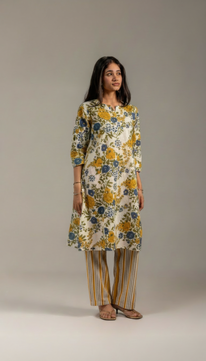 Tara yellow and White Kurta set with dupatta