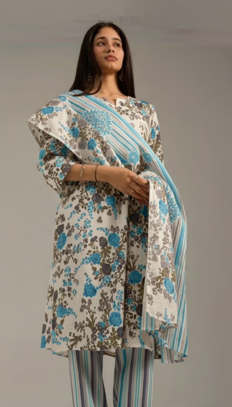 Tara Blue and White Kurta set with dupatta