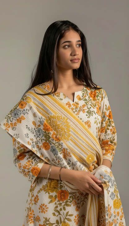 Tara yellow and White Kurta set with dupatta