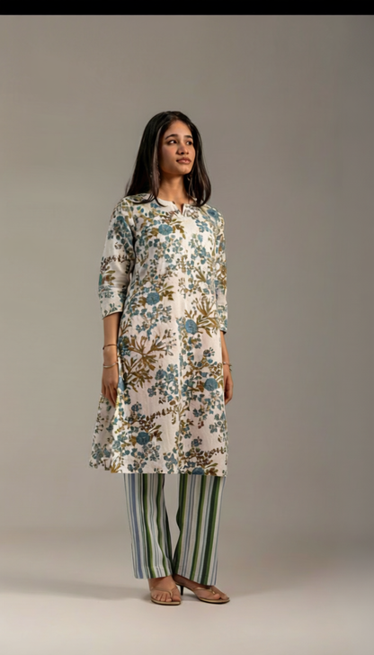 Tara Grey and White Kurta set with dupatta